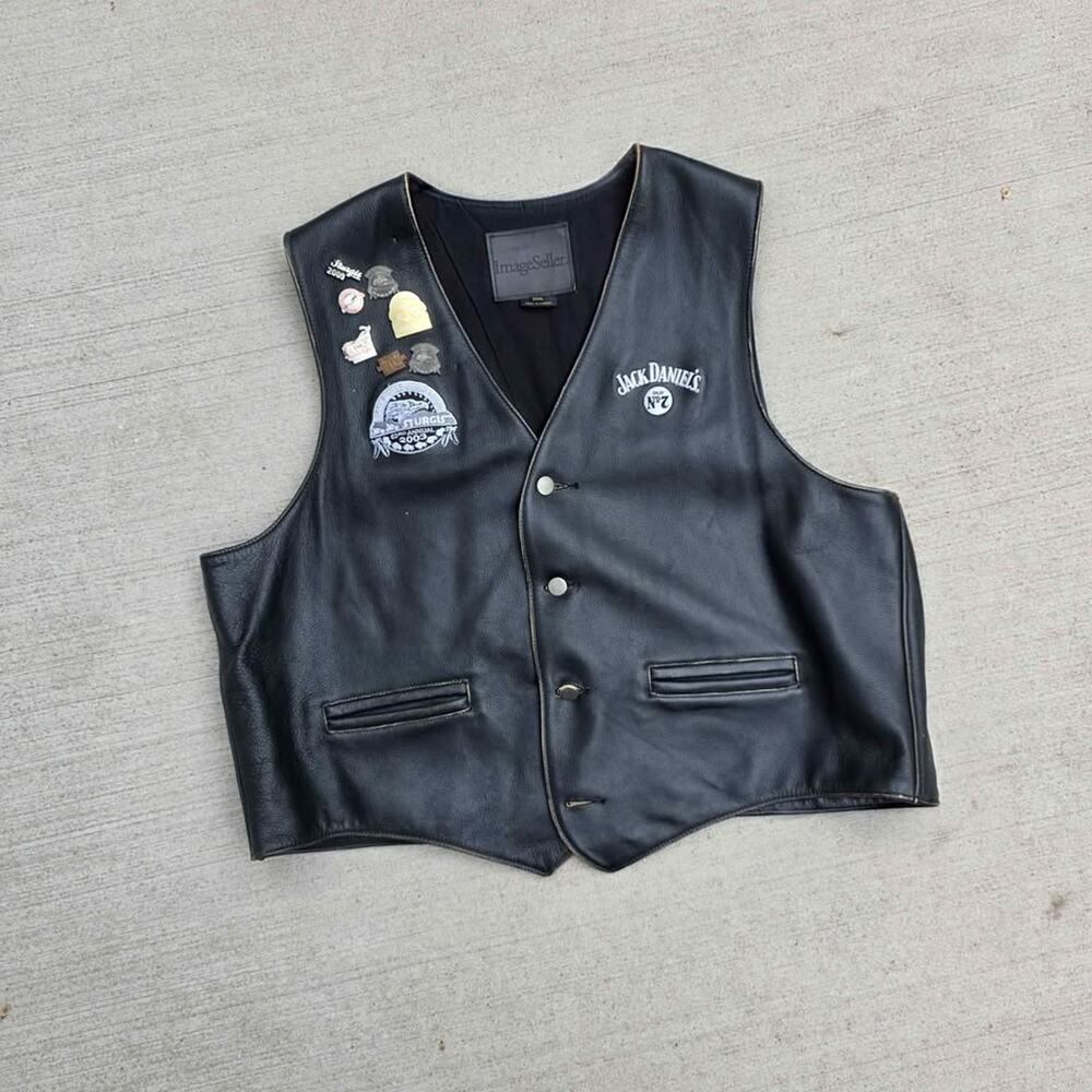 Leather Biker Vest Jack Daniels Sturgis Motorcycle Pins Y2K Vintage XXL